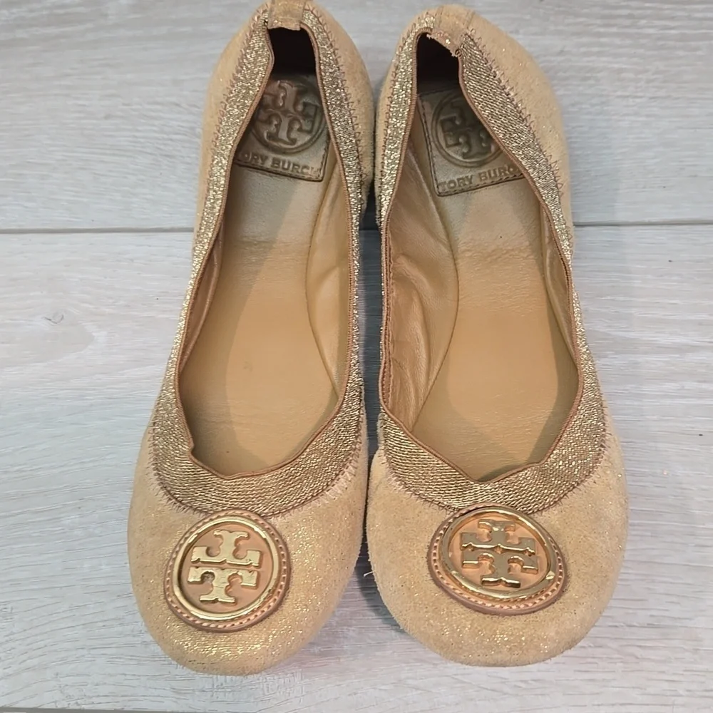 Tory Burch Glitter Suede Stretch Gold Ballet Flats Logo Shoes Sz 7M